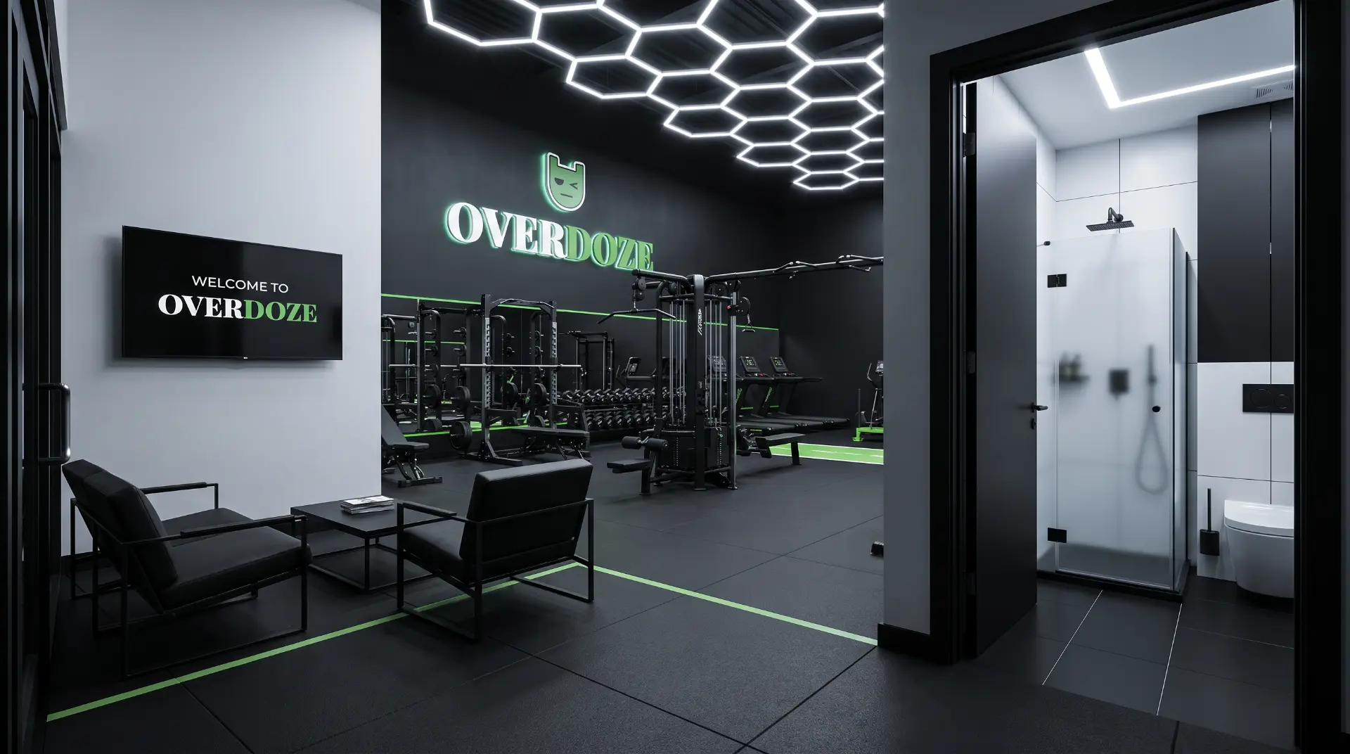 Vstupní zóna OVERDOZE gymu s posezením, obrazovkou a sprchou vedle tréninkové plochy